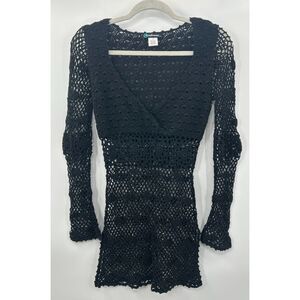Vintage Y2K Crochet Black Whimsigoth Fairy Mini Dress S Open Knit Cover Up Swim